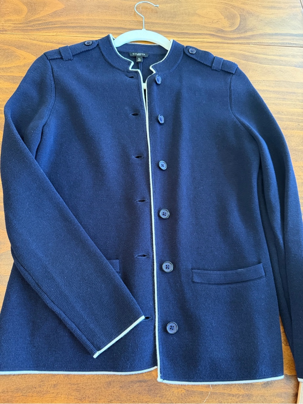 Talbots Navy Knit Blazer with White Trim